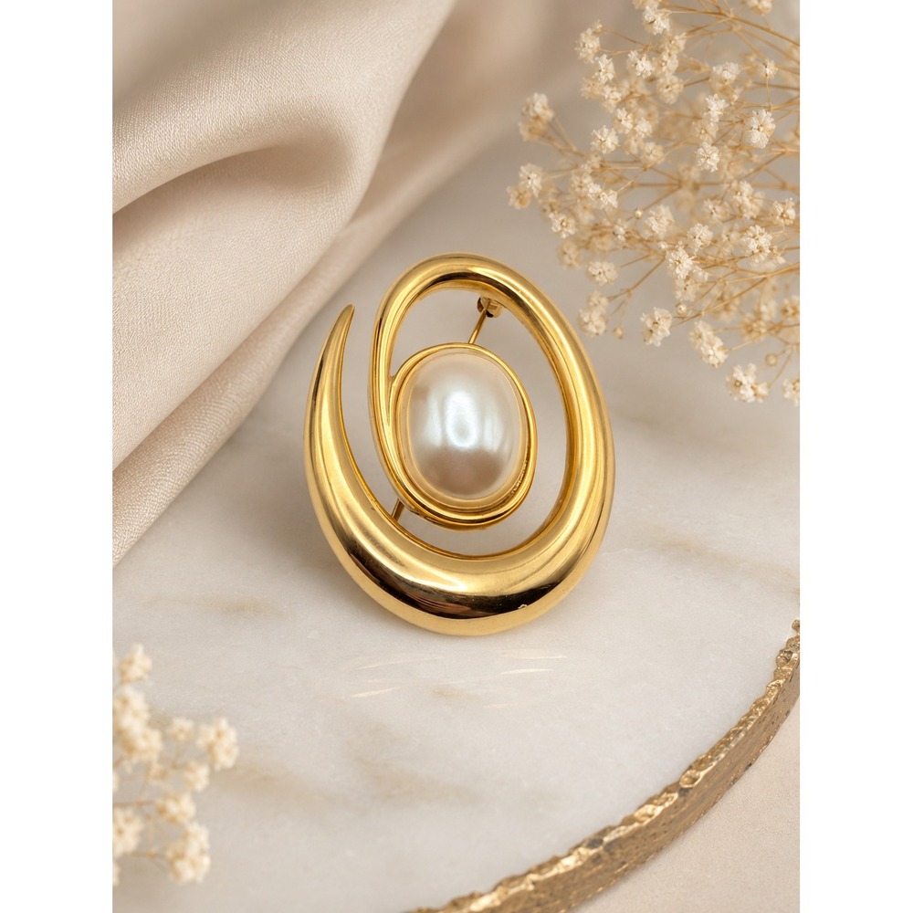 Monet Gold Tone Swirl Spiral Faux Pearl Center Brooch Pin Signed Vintage